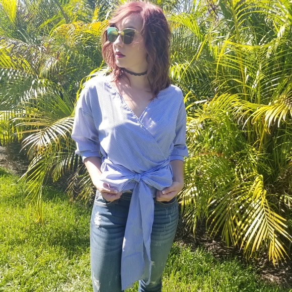 Blue Stripe Wrap Top - Picture 3 of 8